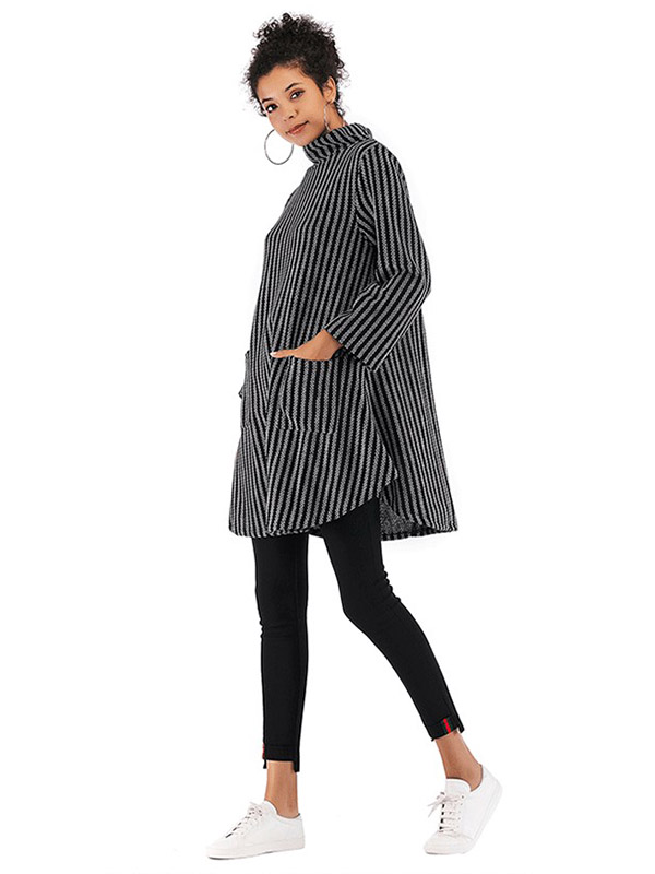 Black Striped High Neck Cape Style Knitted Dress