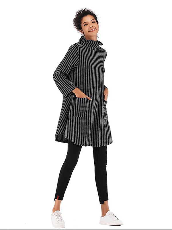 Black Striped High Neck Cape Style Knitted Dress