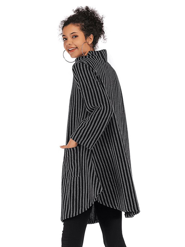 Black Striped High Neck Cape Style Knitted Dress