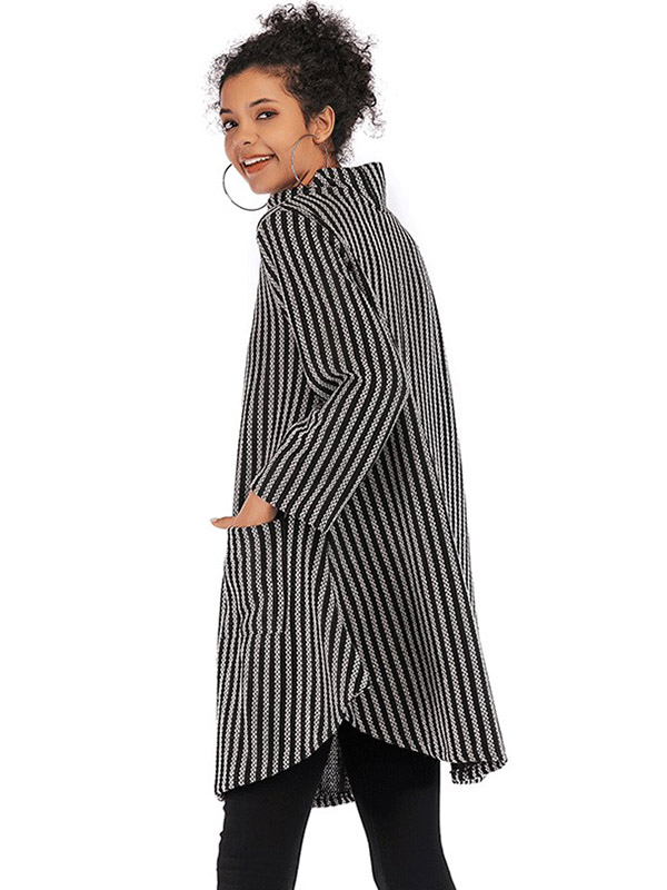 Light Grey Striped High Neck Cape Style Knitted Dress