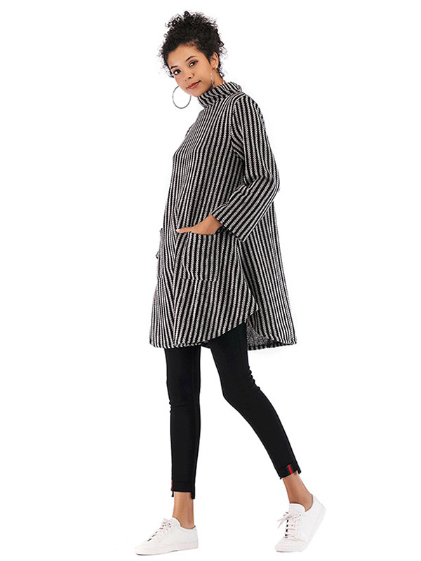 Light Grey Striped High Neck Cape Style Knitted Dress