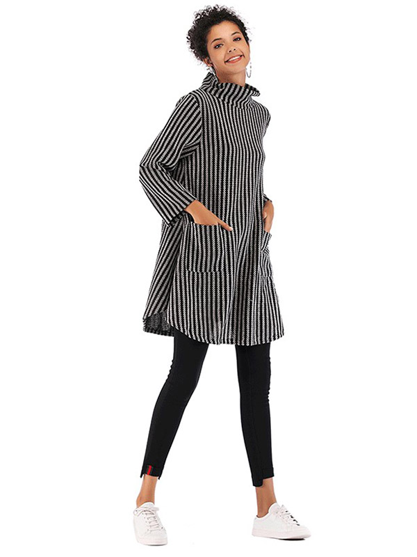 Light Grey Striped High Neck Cape Style Knitted Dress