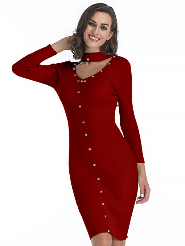 Burgundy Cutout Neckline Bodycon Dress with Rivet Detail