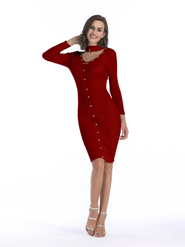 Burgundy Cutout Neckline Bodycon Dress with Rivet Detail