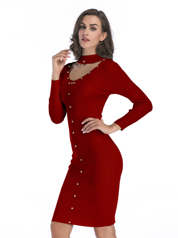 Burgundy Cutout Neckline Bodycon Dress with Rivet Detail