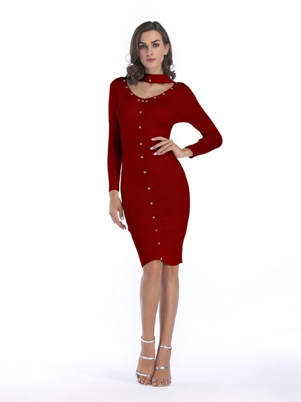 Burgundy Cutout Neckline Bodycon Dress with Rivet Detail