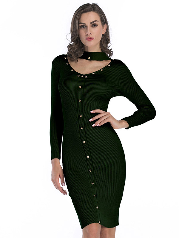 Green Cutout Neckline Bodycon Dress with Rivet Detail