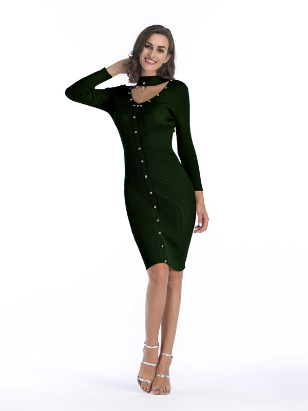 Green Cutout Neckline Bodycon Dress with Rivet Detail