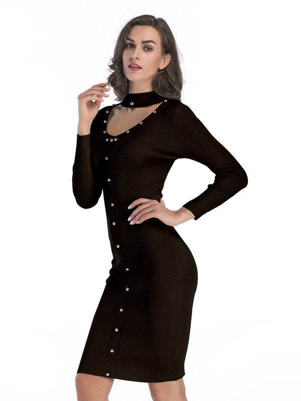 Black Cutout Neckline Bodycon Dress with Rivet Detail