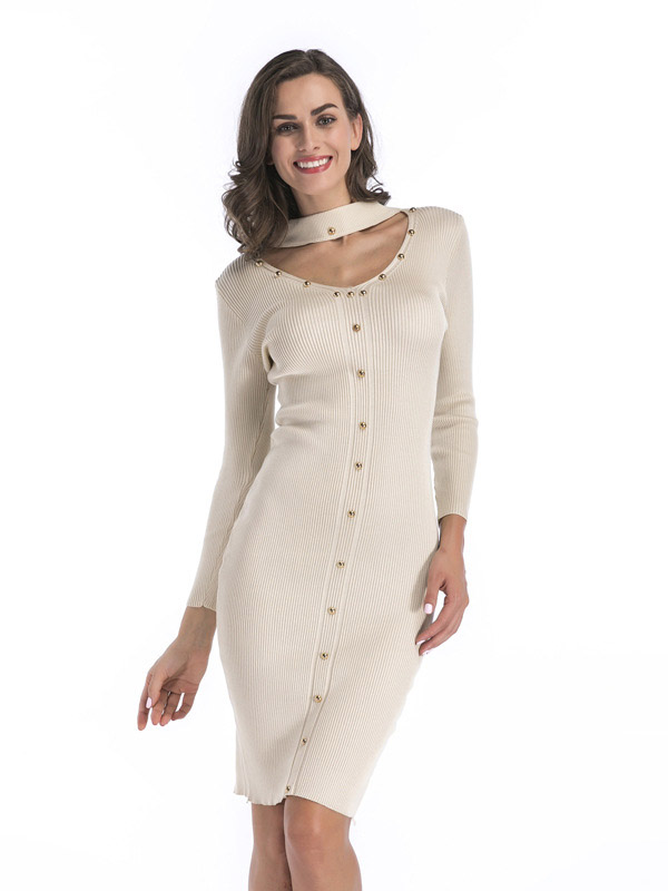 Beige Cutout Neckline Bodycon Dress with Rivet Detail