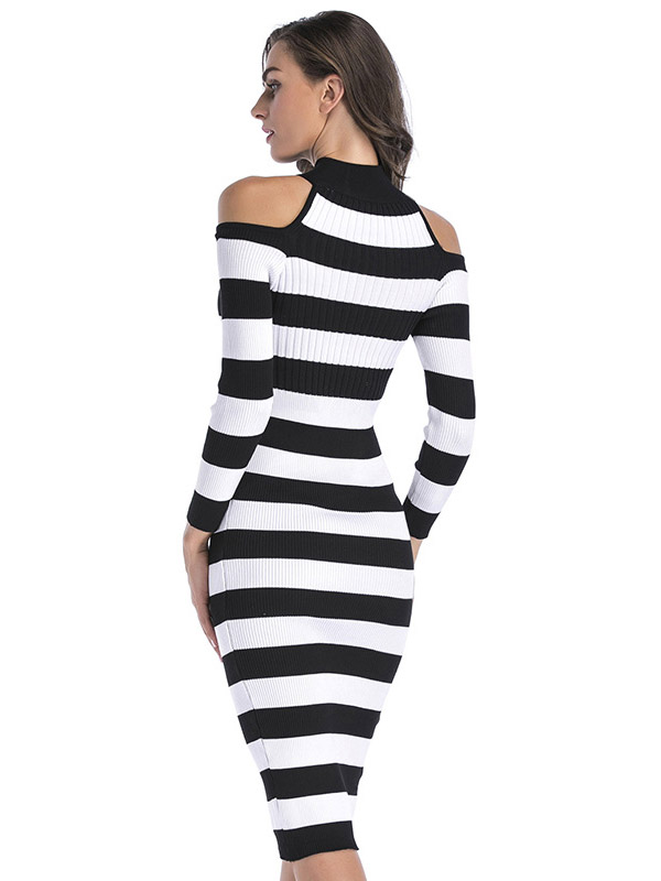 Black Cutout Cold Shoulder Bodycon Dress in Stripe