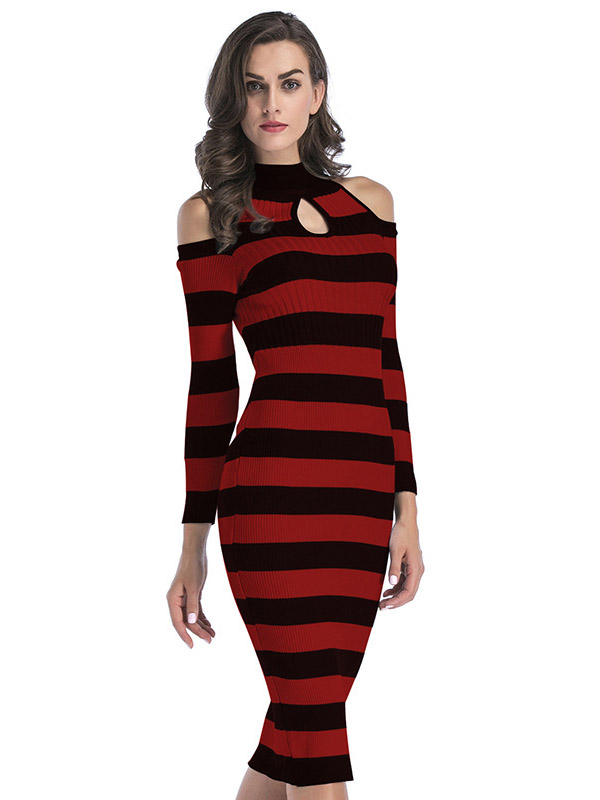 Red Cutout Cold Shoulder Bodycon Dress in Stripe