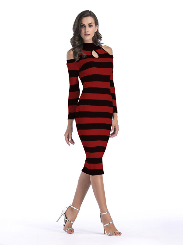 Red Cutout Cold Shoulder Bodycon Dress in Stripe