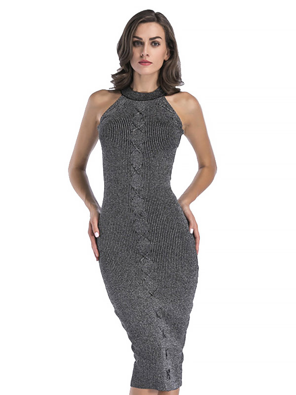 Grey Halterneck Sleeveless Knitted Dress 