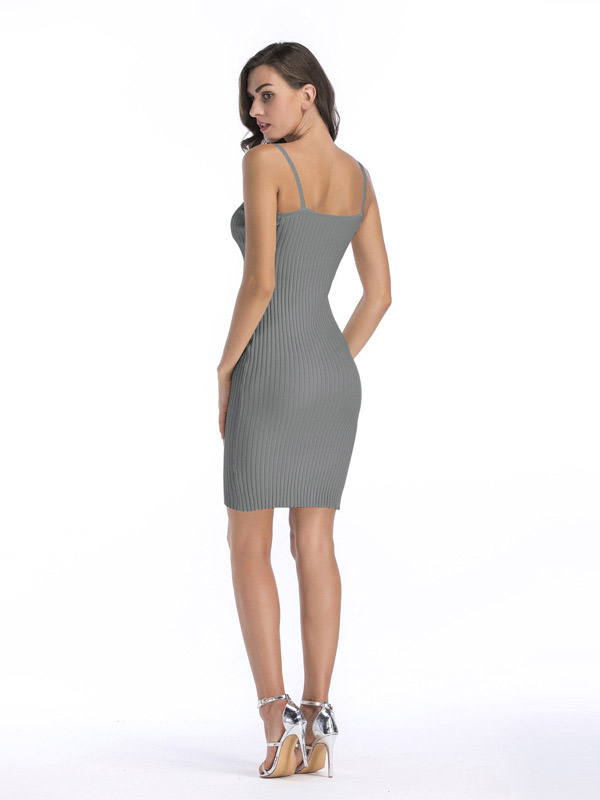 Grey Strap Knitted Dress with Tie Front Detail