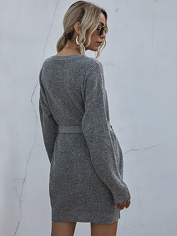 Grey Round Neck Tie Waist Knitted Dress