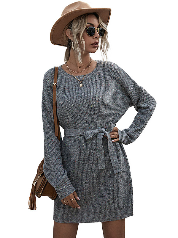 Grey Round Neck Tie Waist Knitted Dress