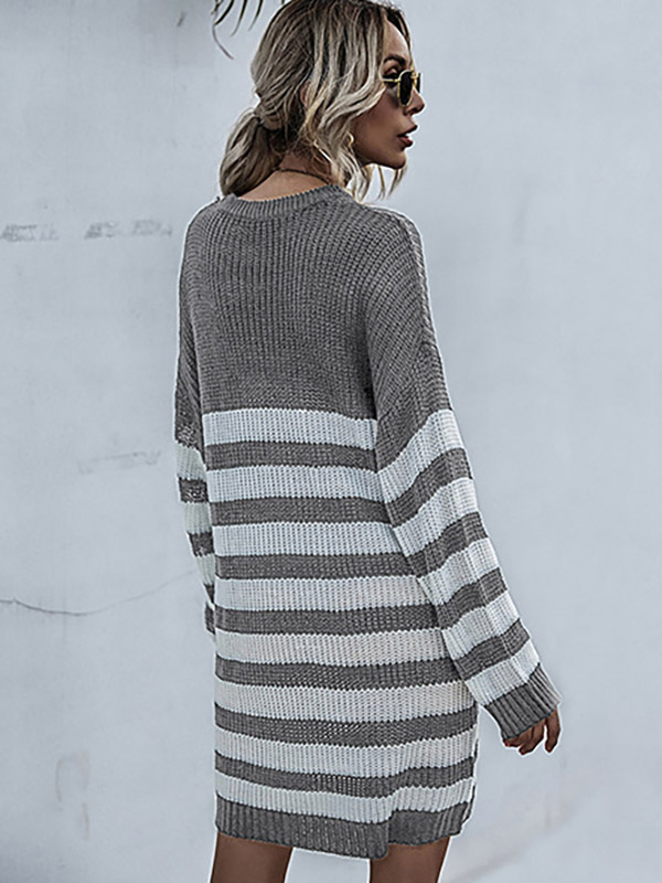 Grey Round Neck Stripped Knitted Dress