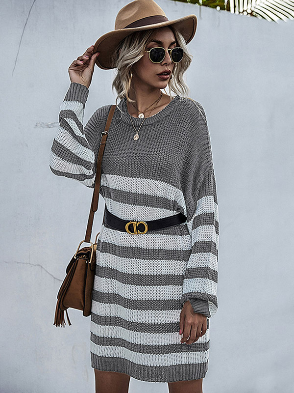 Grey Round Neck Stripped Knitted Dress