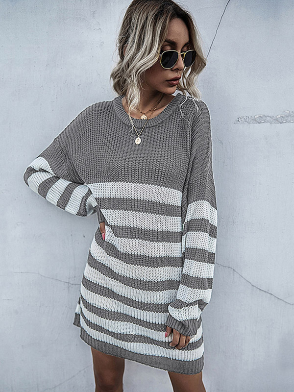 Grey Round Neck Stripped Knitted Dress