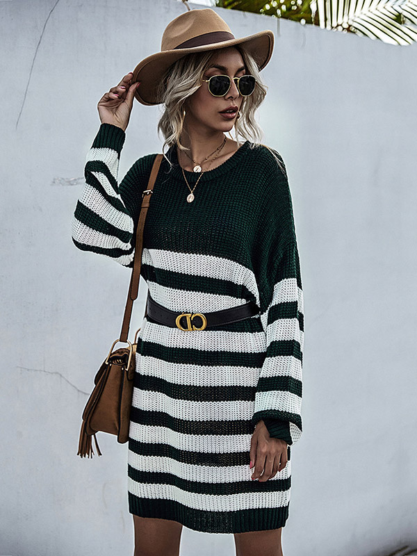 Black Round Neck Stripped Knitted Dress