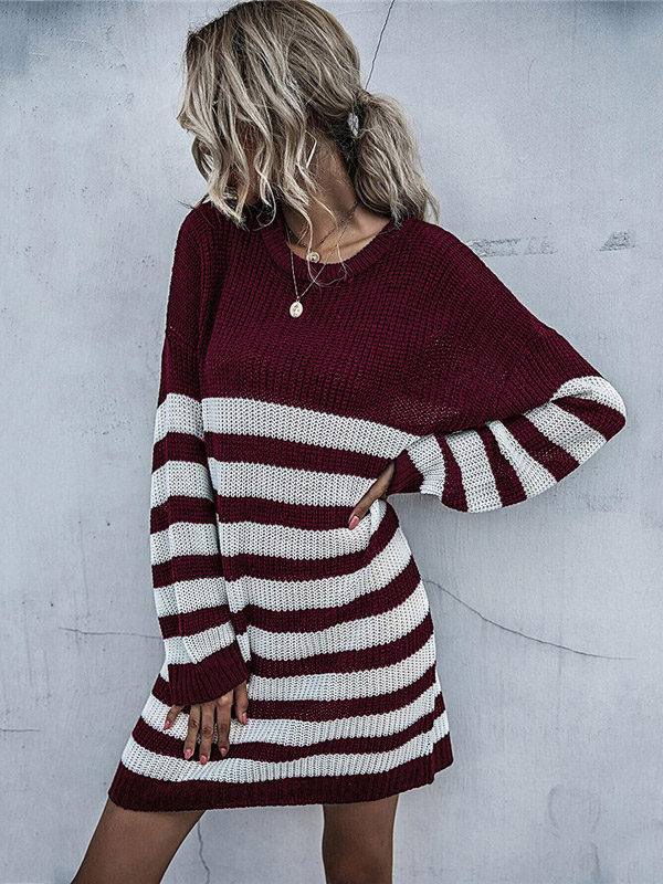 Burgundy Round Neck Stripped Knitted Dress