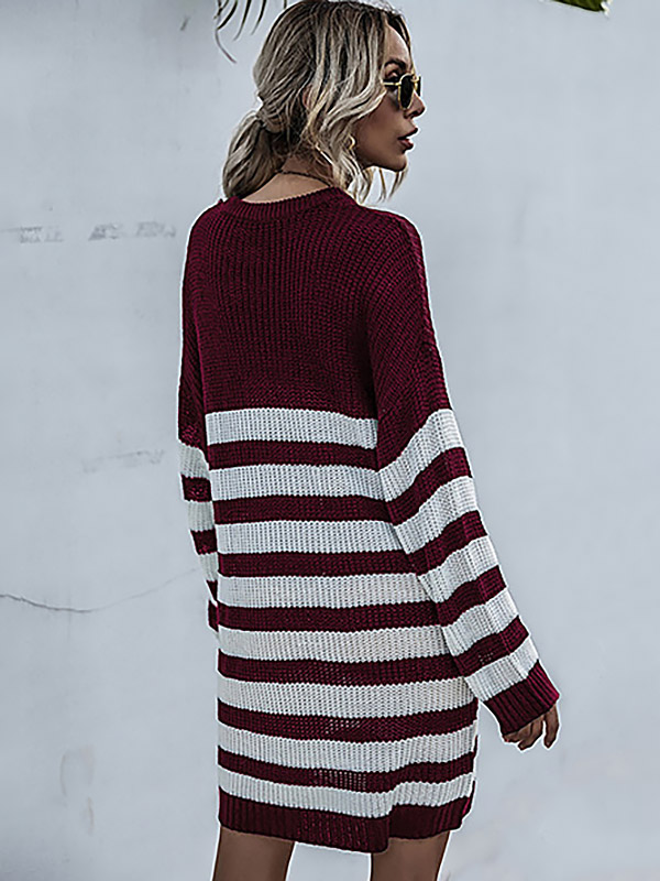 Burgundy Round Neck Stripped Knitted Dress