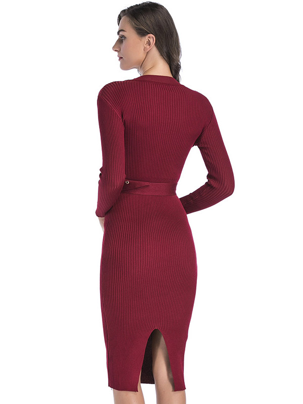 Burgundy Round Neck Belted Waist Knitted Dress