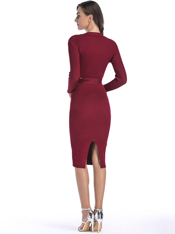 Burgundy Round Neck Belted Waist Knitted Dress