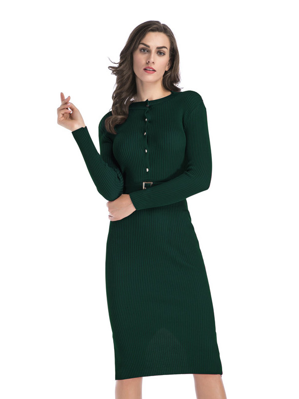 Green Round Neck Belted Waist Knitted Dress