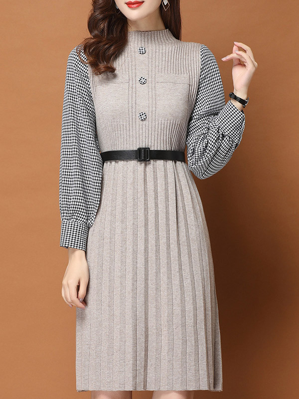 Khaki Knitted Mini Dress with Check Print Shirt Sleeves