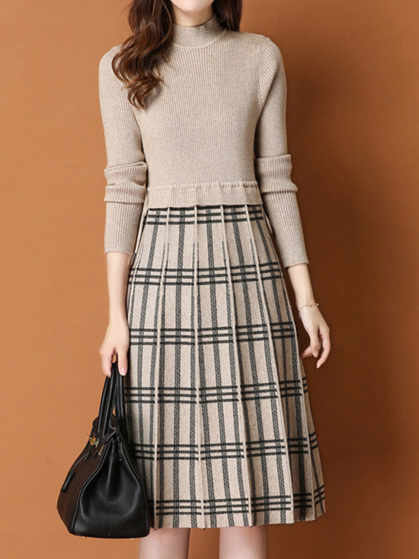 Khaki Knitted Dress in Check Print