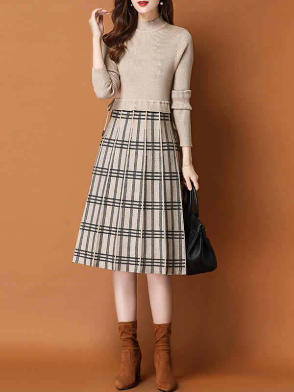 Khaki Knitted Dress in Check Print