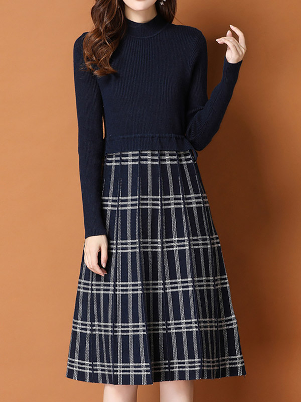 Navy Blue Knitted Dress in Check Print