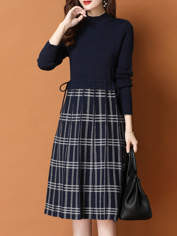 Navy Blue Knitted Dress in Check Print