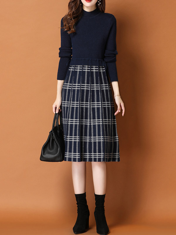 Navy Blue Knitted Dress in Check Print