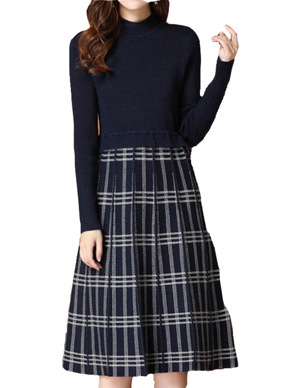 Navy Blue Knitted Dress in Check Print