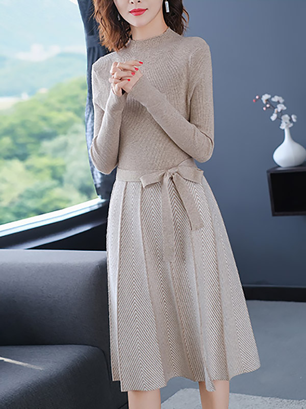 Apricot Tie Waist Knitted Pleated Dress