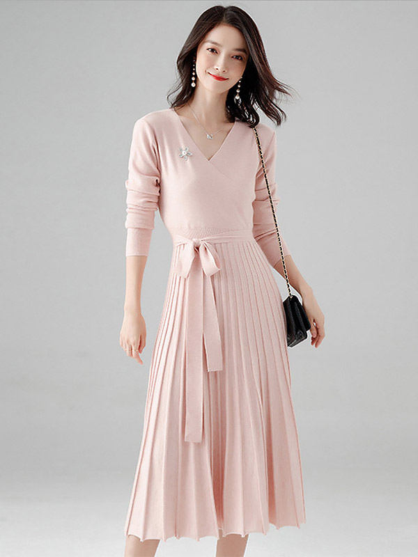 Pink Wrap Style Tie Waist Knitted Pleated Dress