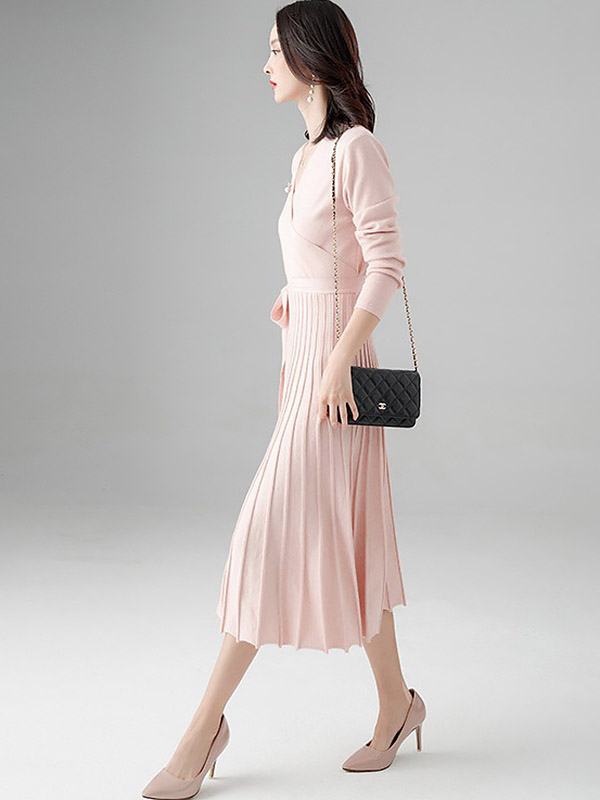 Pink Wrap Style Tie Waist Knitted Pleated Dress