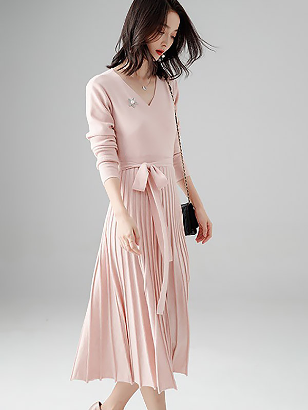 Pink Wrap Style Tie Waist Knitted Pleated Dress