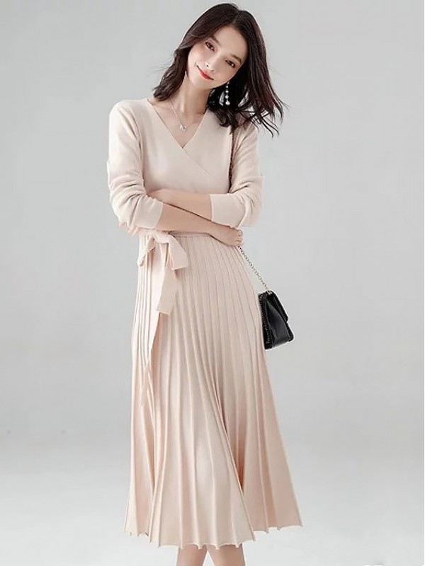 Apricot Wrap Style Tie Waist Knitted Pleated Dress