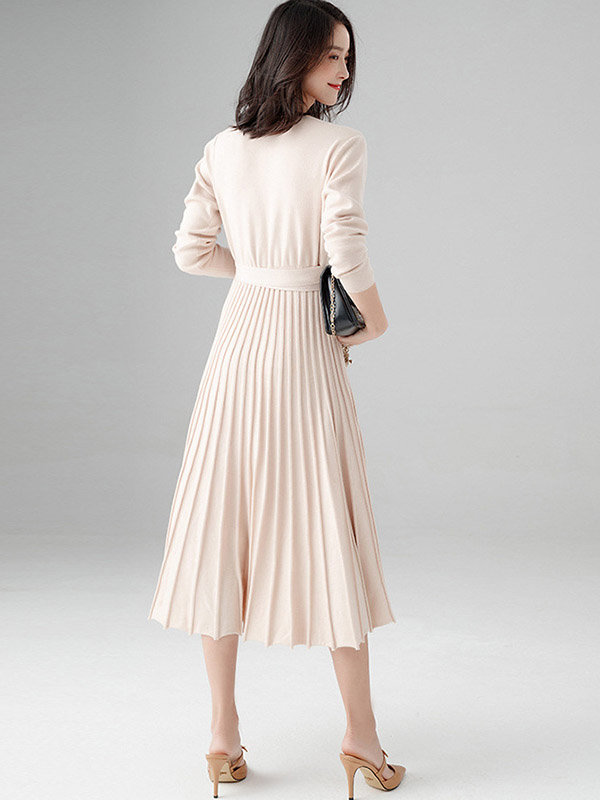 Apricot Wrap Style Tie Waist Knitted Pleated Dress