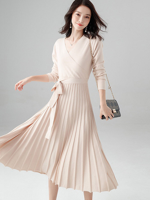 Apricot Wrap Style Tie Waist Knitted Pleated Dress