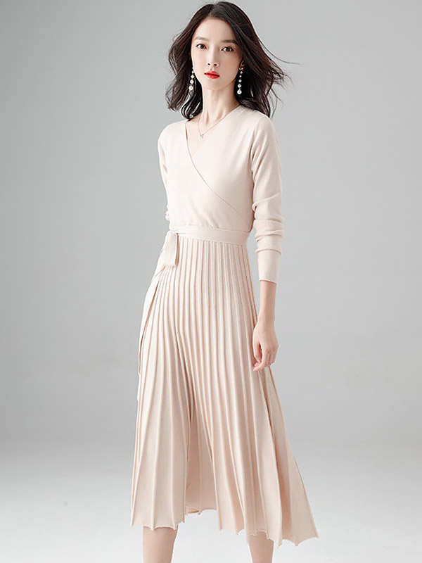 Apricot Wrap Style Tie Waist Knitted Pleated Dress