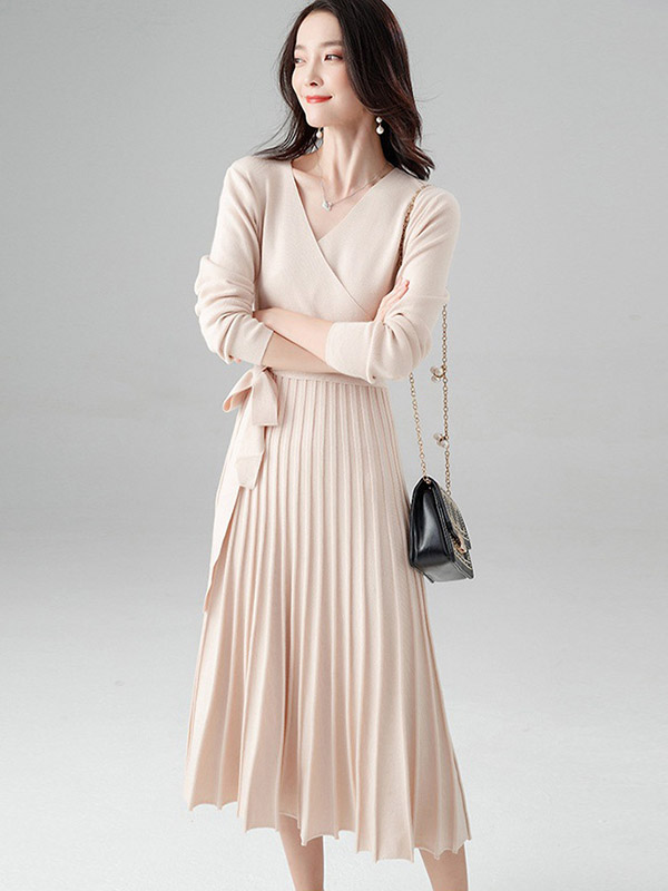 Apricot Wrap Style Tie Waist Knitted Pleated Dress