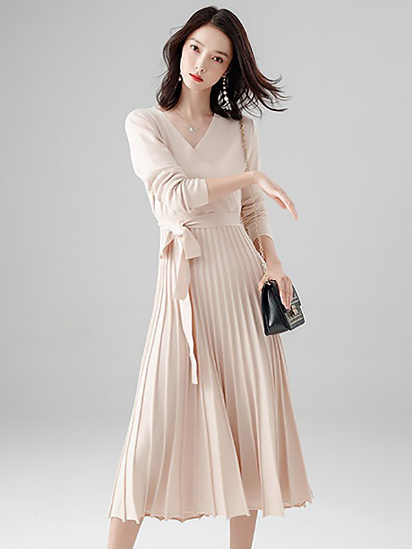 Apricot Wrap Style Tie Waist Knitted Pleated Dress