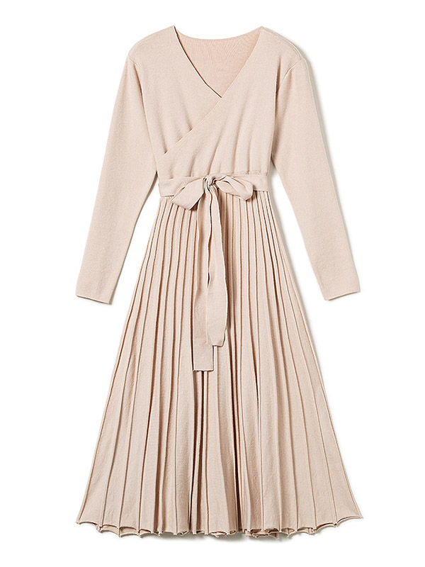 Apricot Wrap Style Tie Waist Knitted Pleated Dress