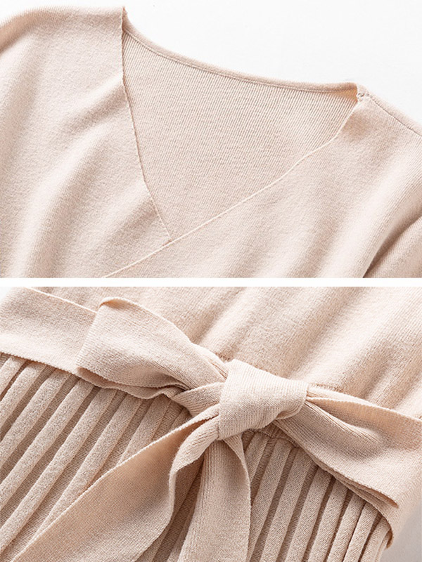 Apricot Wrap Style Tie Waist Knitted Pleated Dress