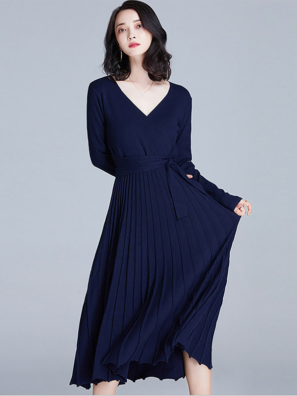 Navy Blue Wrap Style Tie Waist Knitted Pleated Dress